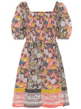 Velvet by Graham & Spencer Red Teal Yellow Floral Smocked Dress M